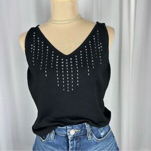 Vintage Black Knit Top Sz Lg Knit Stretch Rhinestone Embellished Made In Italy